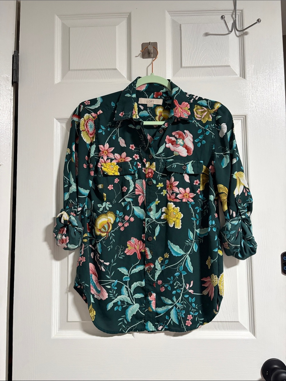LOFT Dark Teal Floral Button-Front Blouse